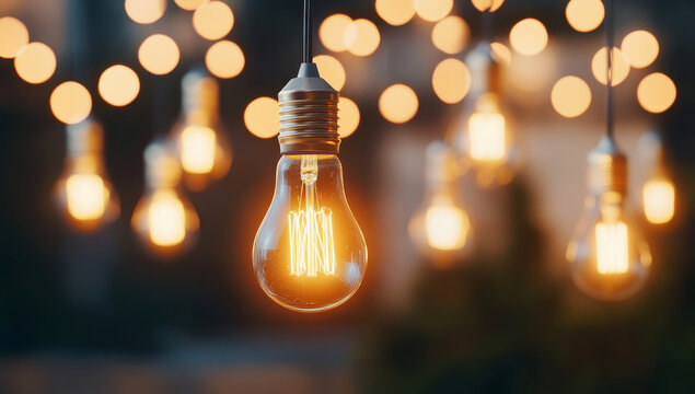 Closeup of illuminated hanging light bulbs creating a warm glow ambiance - Powered by Adobe