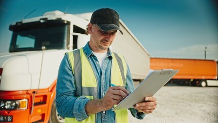 Caucasian male with reflective vest and cap writing something in notepad with pen. Standing at...