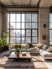 Fototapeta premium Stylish industrial loft apartment interior with large windows and plants