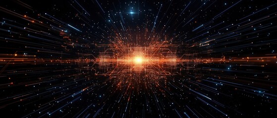 Fototapeta premium Abstract Cosmic Space with Orange and Blue Glowing Particles