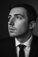 Fototapeta premium French man's black and white focused portrait with intense gaze and suit