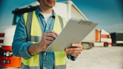 Camera focus on back of notepad. Caucasian man holding notepad with one hand while writing with other hand with pen. Filling in data about completed truck deliveries in big commerce company.