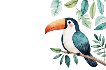 Naklejka premium Watercolor illustration of a toucan bird on a branch with green leaves
