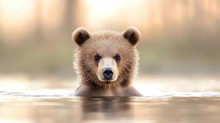 Obraz premium Brown bear cub swimming, sunset forest background, wildlife photography