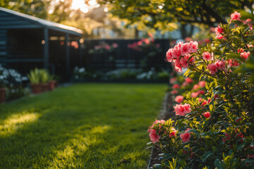 Landscape view of backyard garden with plenty of flower, Selective focus grass field garden with blossoms.