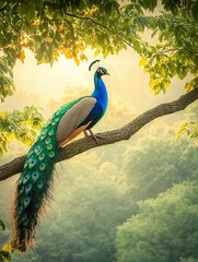 A peacock sitting in the tree branch.	