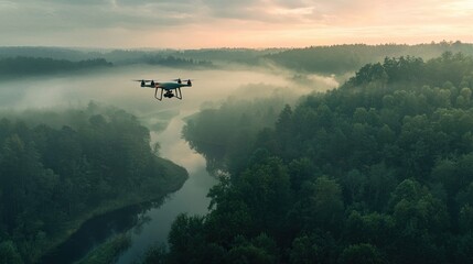 Fototapeta premium Drone Flight Over Misty River Valley at Sunrise