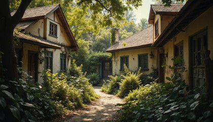Tropical eco-lodge nestled in dense green jungle with cozy wooden cottages, palm trees, and a sunlit pathway leading to a peaceful and secluded nature retreat