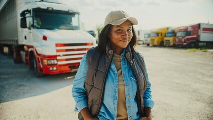 Cute African American woman standing in front of truck parking lot. Looking at camera while smiling. Resting in fresh air. Clear sky with sun shining bright. Morning before trucker departs to location