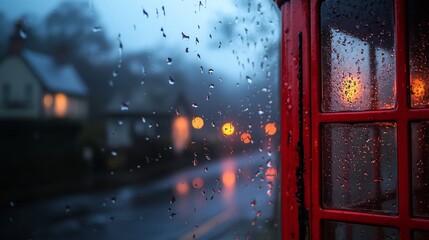 Rainy night view through a red phone booth window.