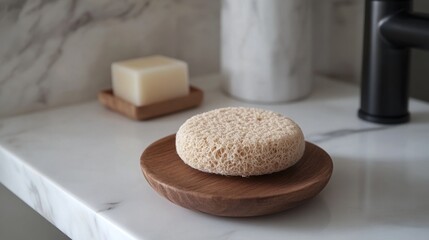 A bathroom countertop with a natural sponge and wooden soap dish.