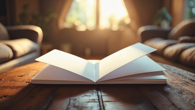 Open book on a wooden table illuminated by warm sunlight in a cozy living room