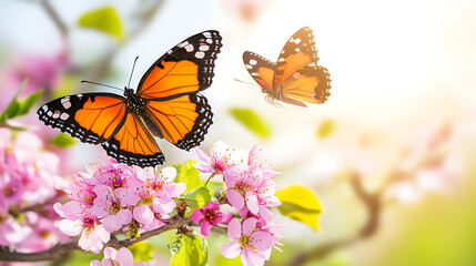 Fototapeta premium Two Butterflies Dancing Around Pink Blossoms in a Sunlight Filled Spring Garden Scene