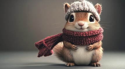 Fototapeta premium 36.Animated Character 3D Image of a Cute Squirrel Wearing a Knit Hat and Scarf