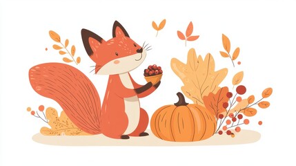 Fototapeta premium 14.A charming flat vector set featuring a fox, a squirrel holding an acorn, vibrant maple leaves, berry twigs, and a plump pumpkin, all in warm autumn tones against a white background.