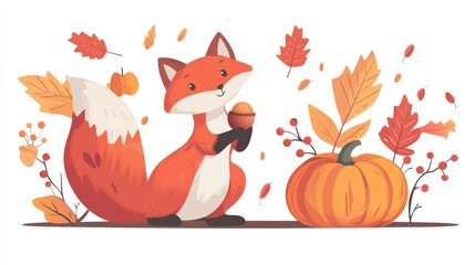 14.A charming flat vector set featuring a fox, a squirrel holding an acorn, vibrant maple leaves, berry twigs, and a plump pumpkin, all in warm autumn tones against a white background.