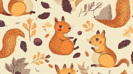 Naklejka premium 99.A cheerful pattern of cartoon squirrels frolicking among trees, their fluffy tails and tiny paws accentuated, with minimalistic acorn and leaf motifs filling the spaces.