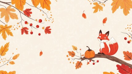 Fototapeta premium 15.A cohesive autumn illustration collection including a playful fox, a squirrel perched on a branch, bright orange pumpkins, detailed red and yellow maple leaves, and clusters of berries in a