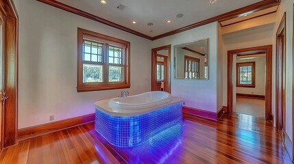 Luxurious Blue-lit Tub in Coastal Home