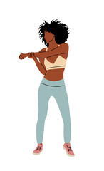 Young woman stretching her arms and legs, doing sport exercises. She is wearing uniform with a tank top and blue pants. Healthy life concept. Flat vector illustration isolated on white background