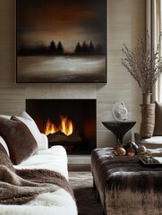 Fototapeta premium Elegant living room featuring a fireplace and landscape painting