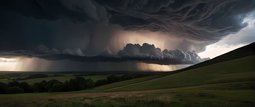 Dramatic storm clouds rolling over a tranquil countryside inviting exploration of the beauty and power of nature