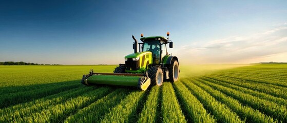 A green tractor in a field.