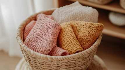 A collection of eco-friendly reusable cleaning cloths in a woven basket.