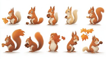 Naklejka premium 82.A cute collection of red-tailed squirrels in animated poses, each holding forest treasures like acorns, leaves, or berries, rendered in warm, inviting colors against a white backdrop.