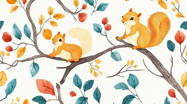 101.A cute and energetic pattern featuring squirrels gathering nuts and playing in tree branches, highlighted by colorful foliage and soft, muted tones for a baby-friendly fabric design.