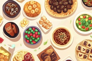 Ramadan kareem Iftar party table with assorted festive traditional Arab dishes, sweets, dates. Eid al-Fitr mubarak evening grand meal, top view. Islamic holidays food, Ramadan feast