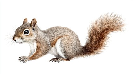 31.A delicate watercolor illustration of a vintage-style squirrel, depicted with soft brown and gray tones, its bushy tail intricately detailed, set against a clean white background.
