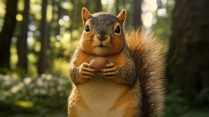 9.A detailed portrait of a fox squirrel with thick, bushy fur, holding a nut in its paws, set against a serene backdrop of tall oak trees in a sunlit forest.