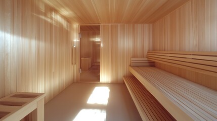 A serene wooden sauna interior with benches and soft lighting for relaxation.
