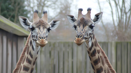 Two Giraffes Staring Forward in Captivity Exhibit at Zoo Enclosure with Wooden Fence and Natural Backdrop