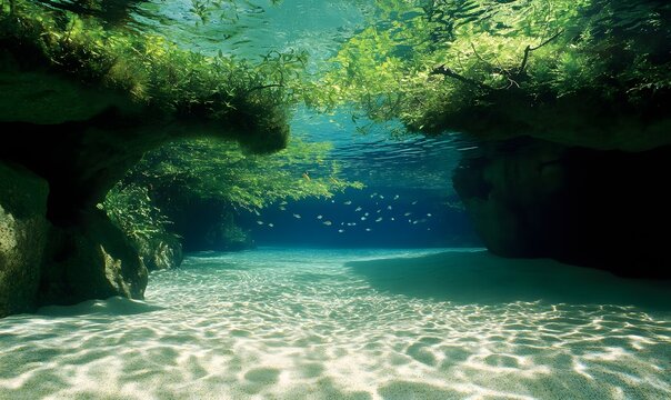 Aquarium with underwater forest with moss-covered trees and aquatic plants in the background, Generative AI