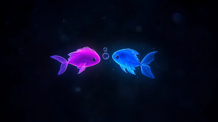 Two Glowing Fishes in Dark Waters Meeting with Bubbles Undersea Artwork for Decor and Wallpaper