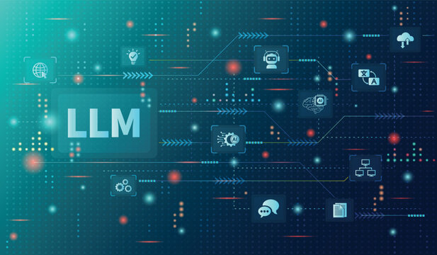 The concept of LLM, AI Large Language Model with icons concept. AI deep learning to use for work support. language model general purpose language generation capability. Vector illustrator template.