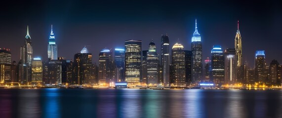 Naklejka premium Vibrant city skyline illuminated at night with bright lights reflecting off the water inviting the thrill of nightlife adventures