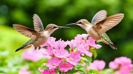 Obraz premium Two Hummingbirds Hovering Near Bright Pink Flowers Displaying Delicate Beauty and Gracefulness