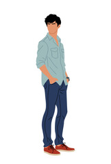 Naklejka premium Young man in a blue shirt and blue jeans is standing in front of a white background. He is wearing a red shoe and a watch