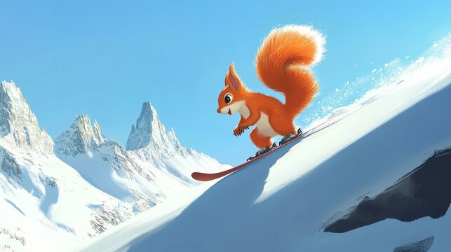 47.A fun and animated squirrel skiing gracefully, its tail acting as a counterbalance, with snowy peaks and clear skies in the distance.