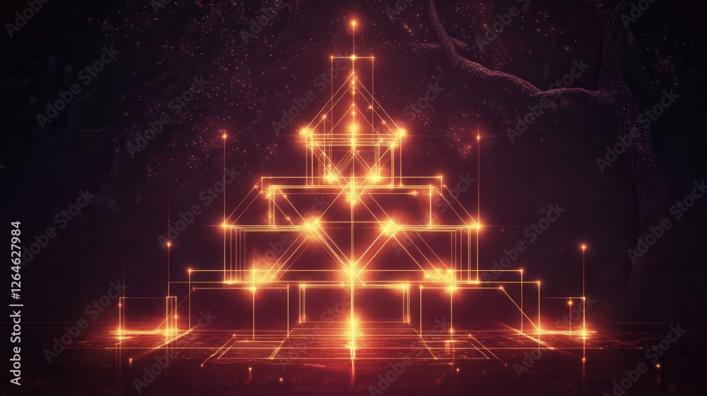 Poster glowing hierarchy chart, an intricate digital representation showcasing interconnected layers and vi