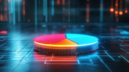 Futuristic neon pie chart, vibrant segments radiating color, sleek design, modern data visualization, captivating digital aesthetics