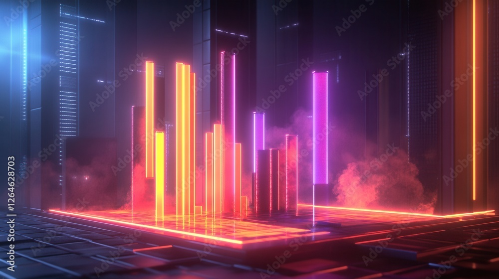 Poster neon glowing bar graph on high-tech platform, vibrant colors illuminate data visualization, showcasi