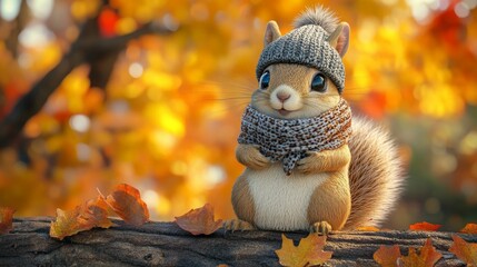 Fototapeta premium 40.A meticulously detailed 3D squirrel with realistic fur textures, dressed in a snug hat and scarf, sitting on a log with vibrant fall colors softly blurred behind it.