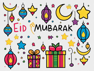 Obraz premium Colorful Eid Mubarak graphic design with festive elements.
