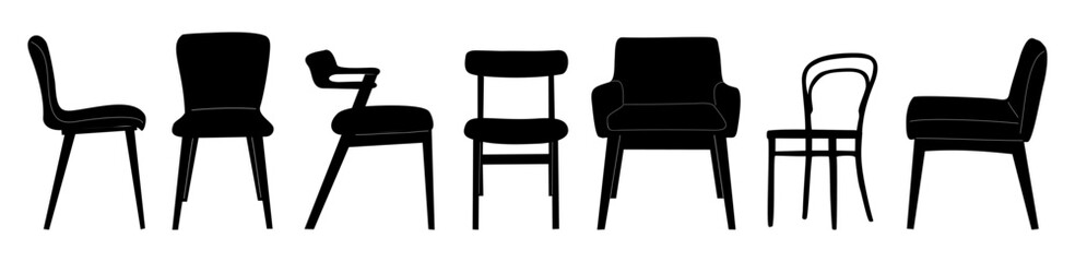 Set of black silhouettes of different armchairs, chairs, office and home furniture icons, interior design elements. Hand drawn flat vector illustrations isolated on white background
