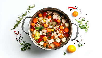 Chicken and vegetables broth or soup isolated on white background, top view, copy space. Homemade healthy meal - cooking fresh chicken or turkey soup