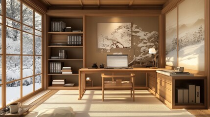 Fototapeta premium A cozy home office with a winter wonderland view